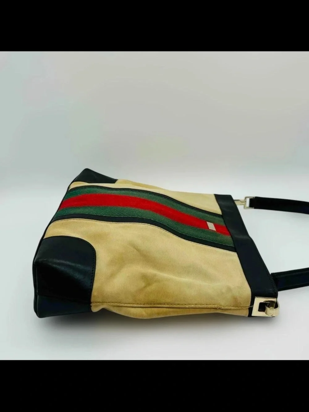 Gucci Beige Canvas Shoulder Bag with Green & Red Stripe and Black Trim